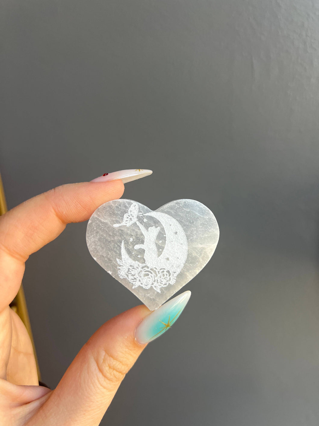 Selenite Etched Cat Crystal Heart Carving